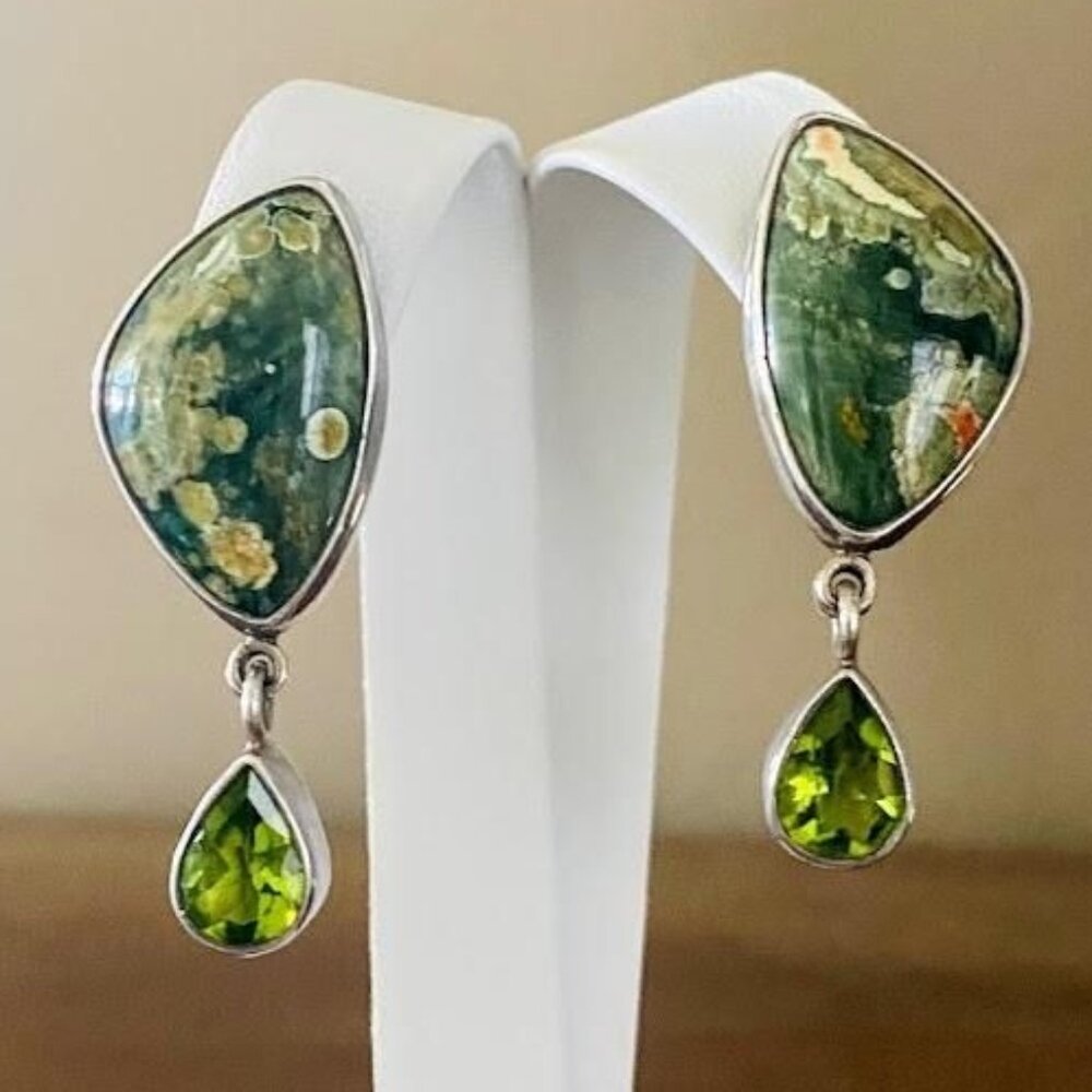 Echo Of The Dreamer Rainforest Jasper & Peridot 950 Sterling Silver Dangle Earri